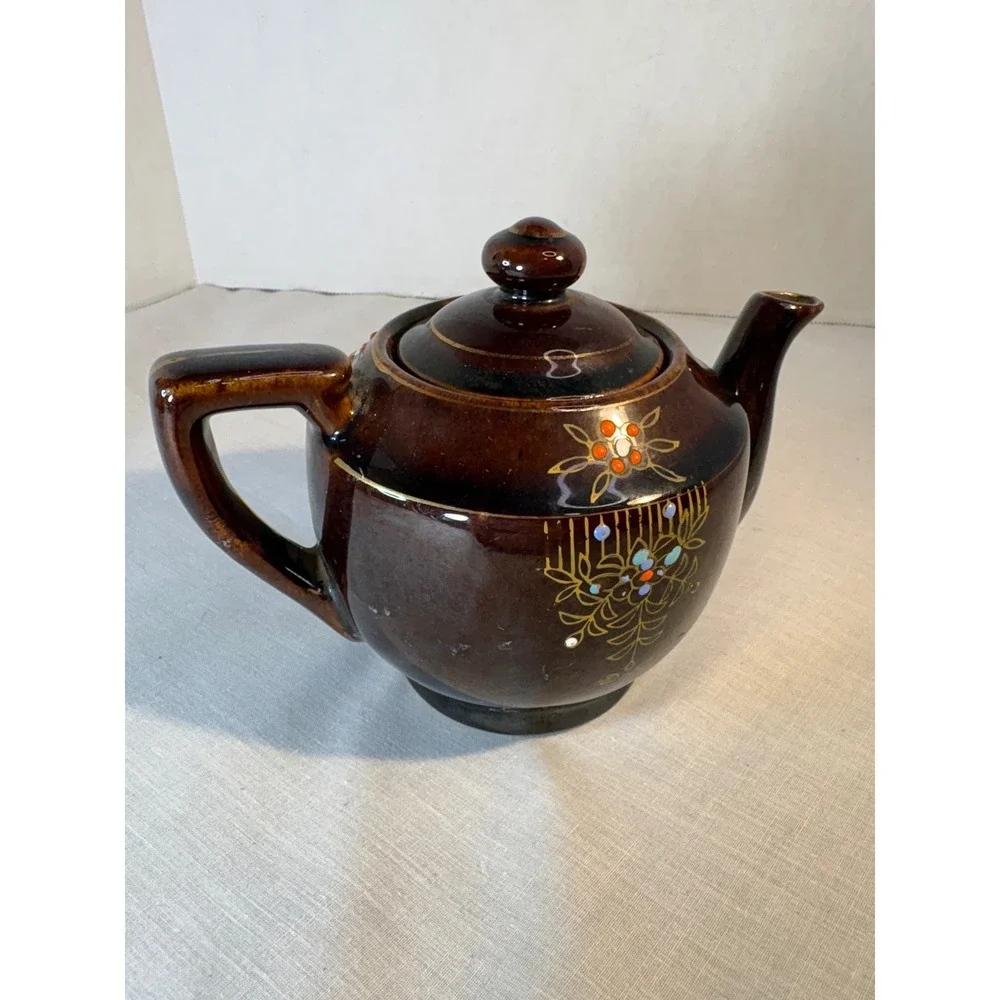 Vintage Brown Ceramic Teapot with Floral Design Mini Small Charming Accent Piece